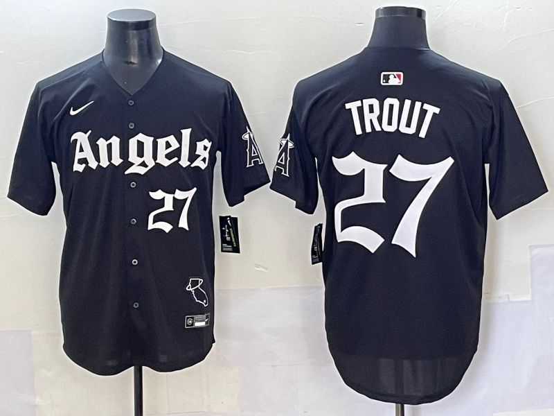 Men 2025 Los Angeles Angels 27 Trout Black Five generations Joint Name Nike MLB Jersey style 12